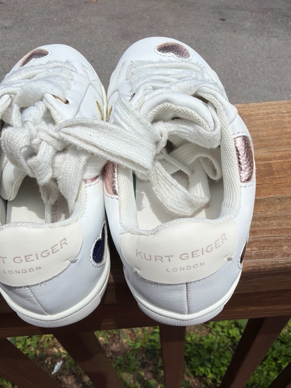 Kurt Geiger White Sneakers with Pink, Orange & Yellow Heart Accents - Picture 4 of 5